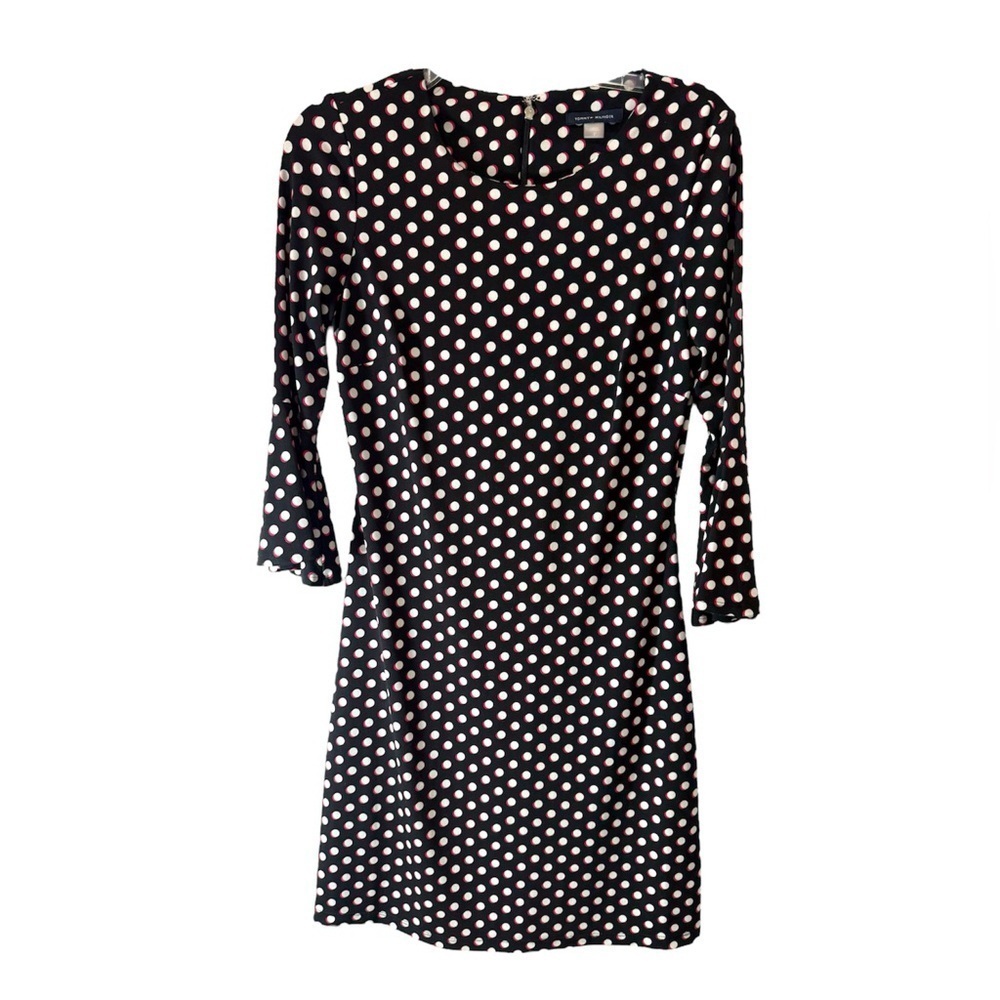 Tommy Hilfiger Polka Dot Bell Sleeve Sheath Midi Dress Black White Size 2